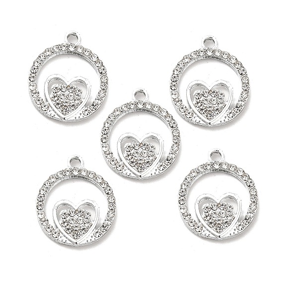 

PandaHall Alloy Rhinestone Pendants, Platinum Tone Hollow Out Flat Round with Heart Charms, Crystal, 22.5x18.5x2.5mm, Hole: 2.3mm..., Clear