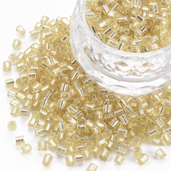 

PandaHall 8/0 Glass Bugle Beads, Silver Lined, Pale Goldenrod, 2.5~3x2.5mm, Hole: 1mm, about 15000pcs/pound Glass