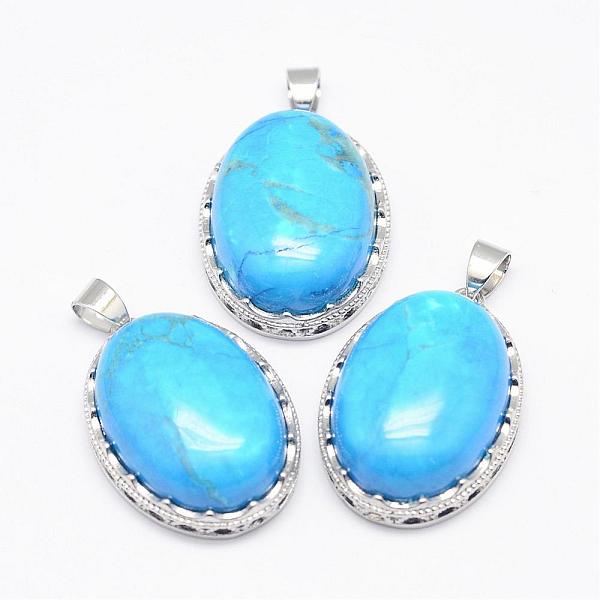 

PandaHall Synthetic Turquoise Pendants, with Brass Findings, Oval, Platinum, 30x21x10~11mm, Hole: 6x4mm Synthetic Turquoise Oval