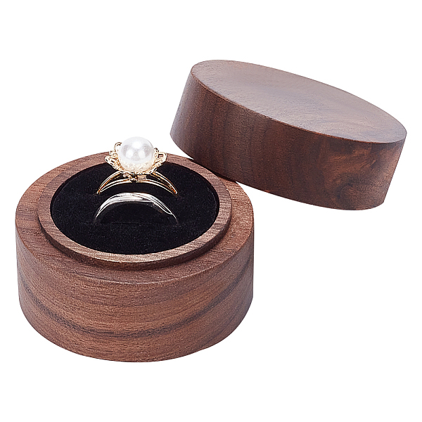PandaHall FINGERINSPIRE Round Wood Couple Ring Box with Black Velvet Inside 2x1.4inch Coffee Color Wooden Jewelry Ring Box 2 Slots Column...