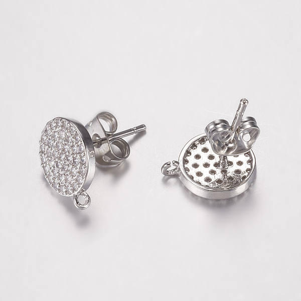 PandaHall Brass Micro Pave Cubic Zirconia Stud Earring Findings, with Loop, Cadmium Free & Lead Free, Flat Round, Platinum, 12x10x2mm, Hole...