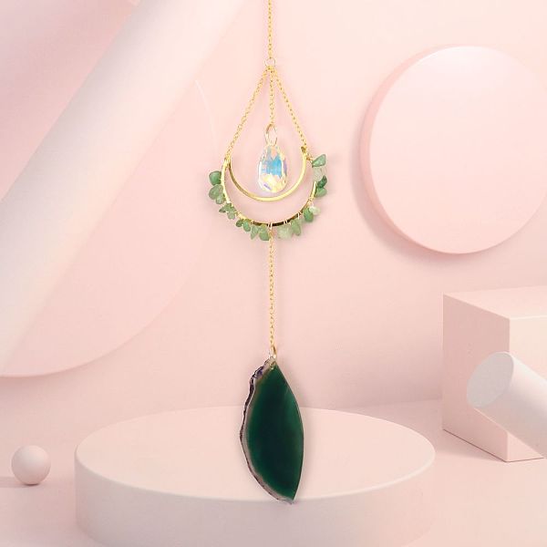 

PandaHall Natural Green Aventurine Chip Wrapped Moon Hanging Ornaments, Glass Teardrop and Agate Slices Tassel Suncatchers for Home Outdoor...