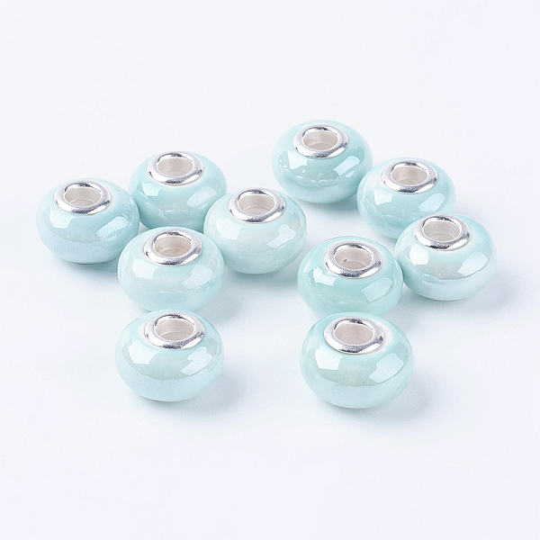 

PandaHall Rondelle Turquoise Handmade Porcelain Large Hole European Beads, with Silver Color Brass Double Cores, 15x11mm, Hole: 5mm..., Green