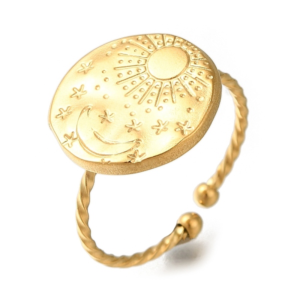 

PandaHall Flat Round with Sun and Moon 304 Stainless Steel Open Cuff Ring for Women, Real 18K Gold Plated, Inner Diameter: 19mm 304...