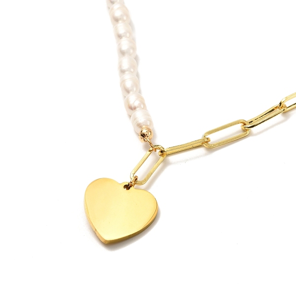

PandaHall Heart Pendent Necklace for Girl Women, Natural Pearl Beads Necklace, Brass Paperclip Chain Necklace, Golden, Seashell Color, 16.89...