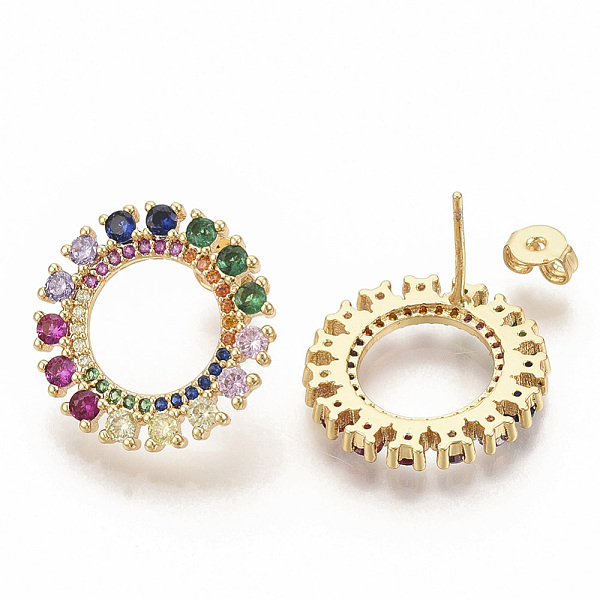 

PandaHall Brass Micro Pave Colorful Cubic Zirconia Stud Earrings, with Earring Backs, Round Ring, Real 16K Gold Plated, 19.5mm, Pin: 0.7mm...
