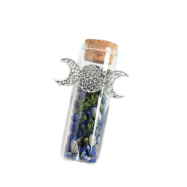 

PandaHall Natural Lapis Lazuli Chip Healing Crystals Wishing Bottles with Alloy Triple Moon Decor, Wicca Gem Stones for Energy Balancing...
