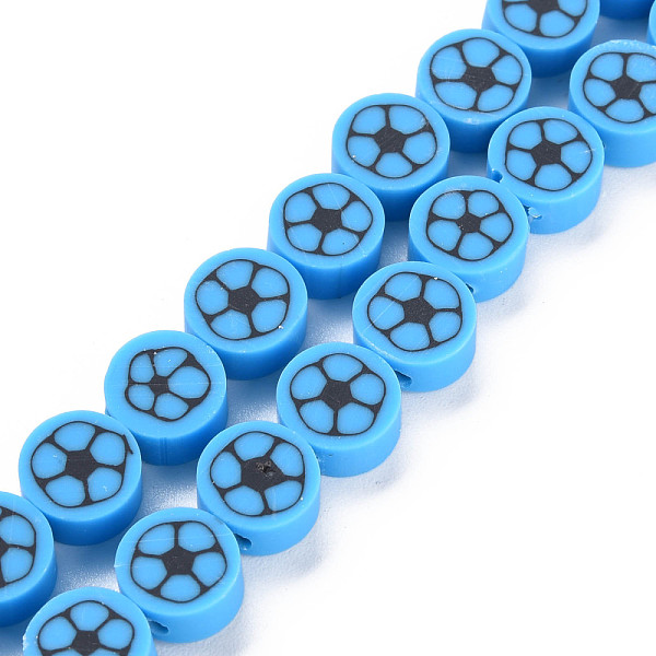 

PandaHall Handmade Polymer Clay Bead Strands, Flat Round with Football, Deep Sky Blue, 8~9x4~5mm, Hole: 1.2~1.4mm, about 40~41pcs/strand...