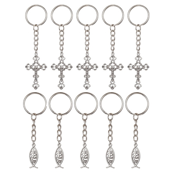 

PandaHall Tibetan Style Alloy Keychain, with Iron Split Key Rings, Cross/Jesus Fish Charms, Antique Silver, 9.4cm, 10pcs/set Alloy Mixed...
