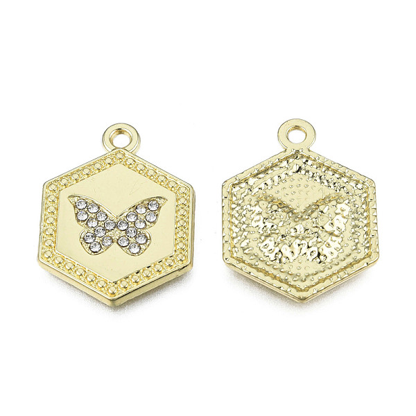 

PandaHall Rack Plating Alloy Pendants, with Crystal Rhinestone, Hexagon with Butterfly, Cadmium Free & Nickel Free & Lead Free, Light Gold..., Clear