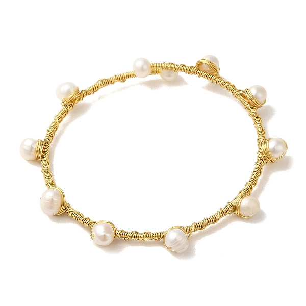 

PandaHall Natural Pearl Beaded Cuff Bangle, Brass Wire Wrapped Bangle, Real 14K Gold Plated, Inner Diameter: 2-3/8 inch(5.9cm) Pearl