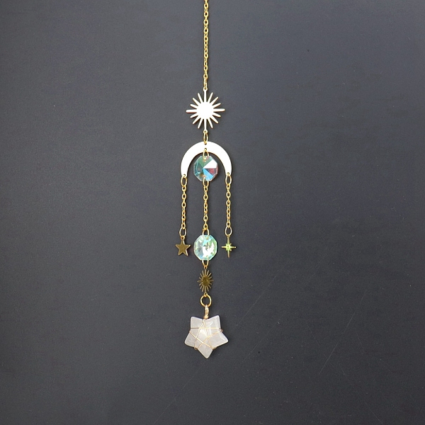 

PandaHall Natural Quartz Crystal Star Sun Catcher Hanging Ornaments with Brass Sun, for Home, Garden Decoration, Golden, 400mm Quartz...