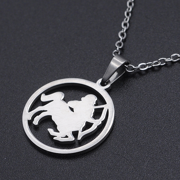 

PandaHall 201 Stainless Steel Pendants Necklaces, with Cable Chains and Lobster Claw Clasps, Flat Round with Constellation/Zodiac Sign...