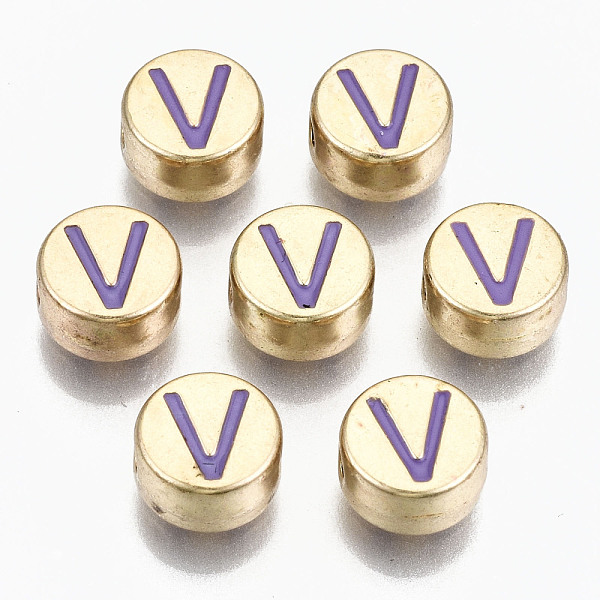 

PandaHall Alloy Enamel Beads, Cadmium Free & Lead Free, Flat Round with Initial Letters, Light Gold, Medium Purple, Letter.V, 8x4mm, Hole...