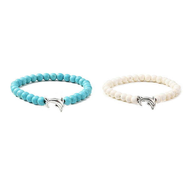 

PandaHall 2Pcs 2 Color Tibetan Style Alloy Dolphin & Synthetic Turquoise Round Beaded Stretch Bracelets Set, Stackable Bracelets, Mixed..., Multicolor
