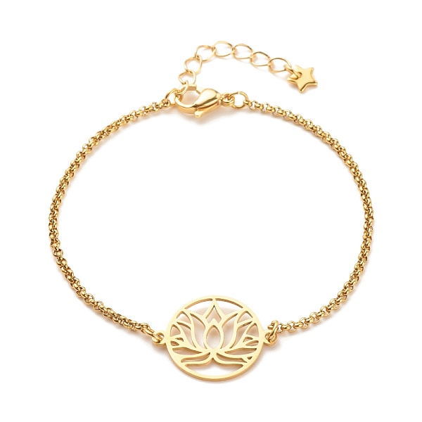 

PandaHall 201 Stainless Steel Lotus Links Bracelet with 304 Stainless Steel Box Chains for Women, Golden, 7-1/2 inch(19cm) 304 Stainless...