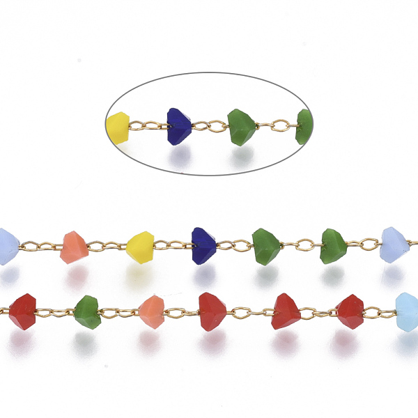 

PandaHall Handmade Faceted Glass Beaded Chains, with Stainless Steel Cable Chains and Spool, Soldered, Triangle, Golden, Colorful, Link...
