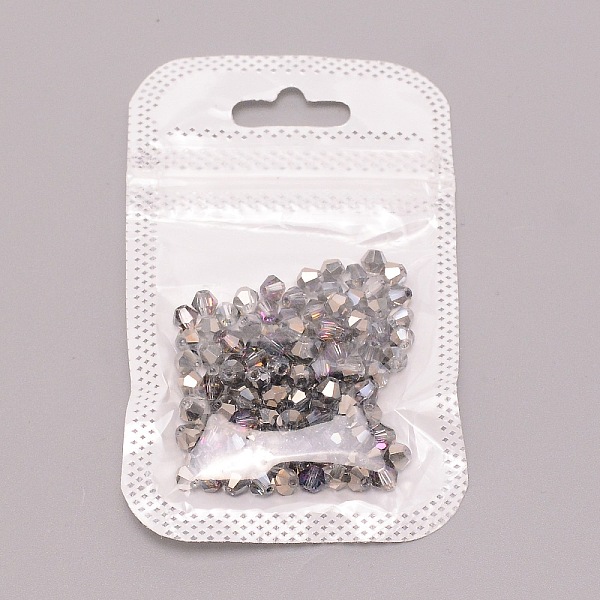

PandaHall Electroplate Glass Beads, Half AB Color Plated, Faceted, Bicone, Gray, 3.5~4x4~4.5mm, Hole: 0.9~1mm, 100pcs/bag Glass Bicone Gray