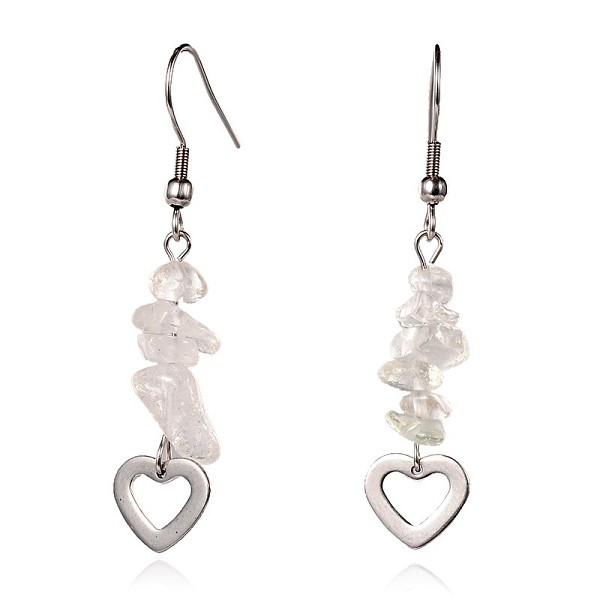 

PandaHall Heart Natural Crystal Dangle Earrings, with 304 Stainless Steel Earring Hooks, 52mm, Pin: 0.6mm Quartz Crystal Clear