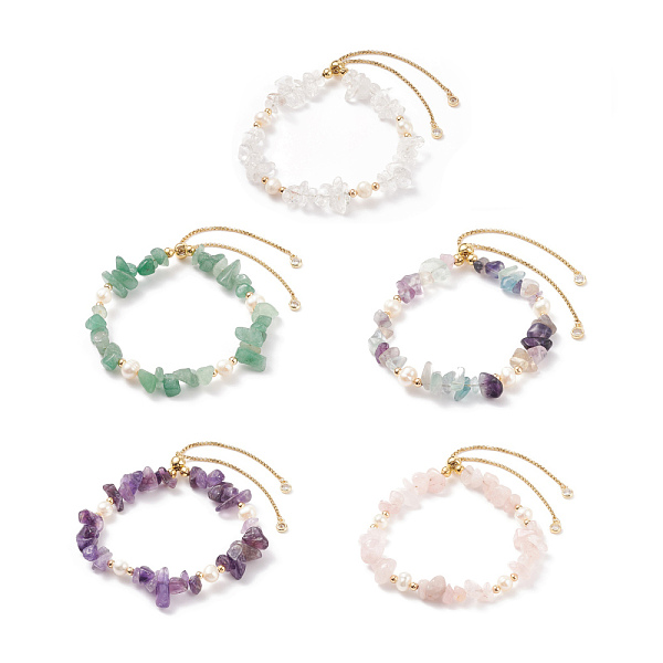 

PandaHall Natural Gemstone Chips & Pearl Beaded Slider Bracelet for Women, Golden, Inner Diameter: 2-1/8~3-1/4 inch(5.4~8.4cm) Mixed Stone