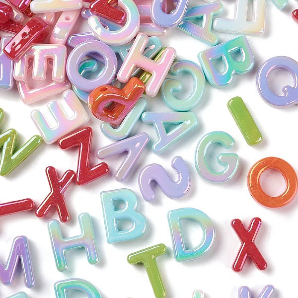 

PandaHall UV Plating Opaque Acrylic Beads, Iridescent, Letter, Mixed Color, 10~25x29.5~30x9mm, Hole: 3mm Acrylic Letter Multicolor