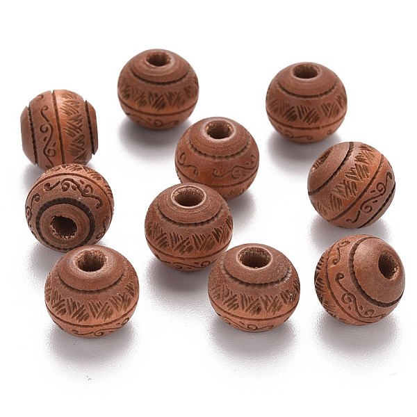 

PandaHall Painted Natural Wood Beads, Laser Engraved Pattern, Round with Leave Pattern, Peru, 10x9mm, Hole: 2.5mm Schima Wood Round Brown