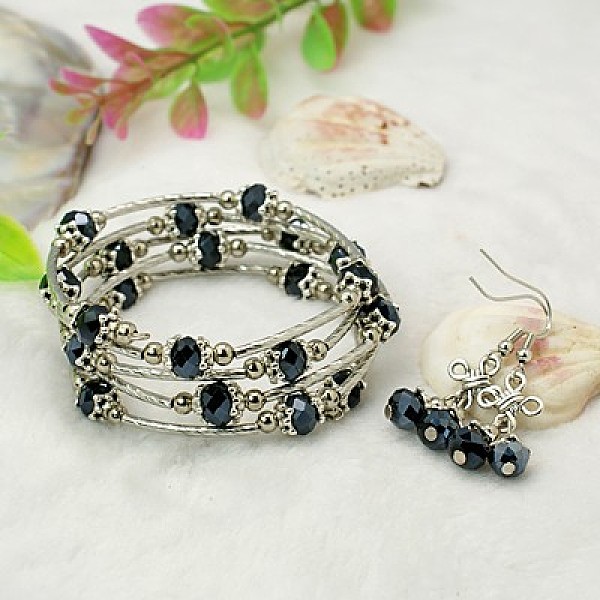 

PandaHall Glass Jewelry Sets, Bracelets and Earrings, with Tibetan Style Beads, Brass Tube Beads, Steel Memory Wire and Brass Earring Hooks..., Black