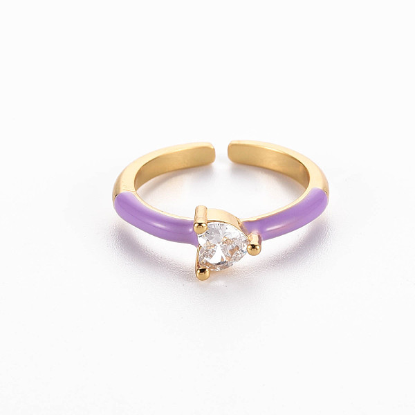 

PandaHall Brass Enamel Cuff Rings, Open Rings, Solitaire Rings, with Clear Cubic Zirconia, Nickel Free, Heart, Golden, Dark Orchid, US Size...