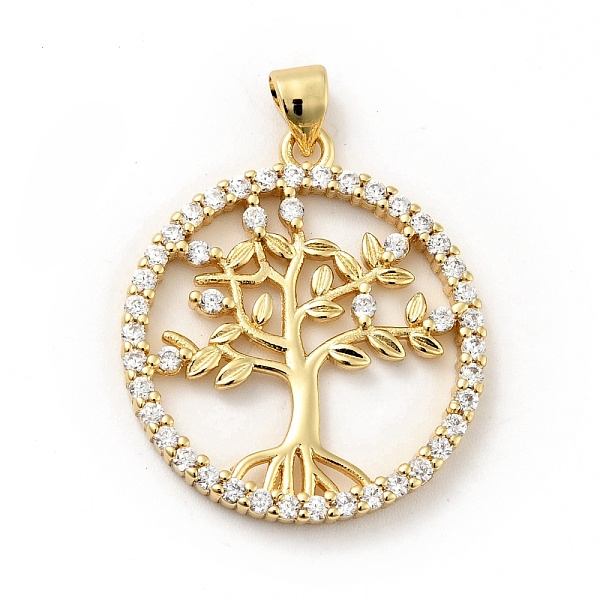 

PandaHall Rack Plating Brass Micro Pave Cubic Zirconia Pendants, Long-Lasting Plated, Lead Free & Cadmium Free, Round Ring with Tree of Life..., Clear