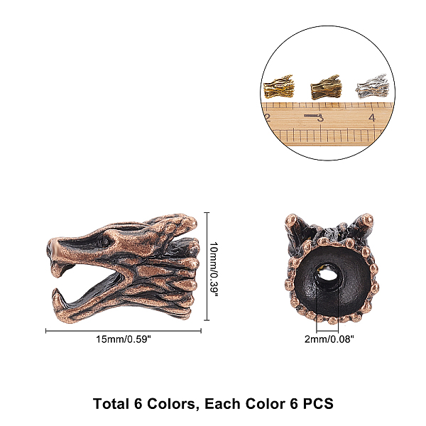 

PandaHall Tibetan Style Alloy Beads, Dragon Head, Mixed Color, 9x15x10mm, Hole: 2mm, 6 colors, 6pcs/color, 36pcs/box Alloy Dragon