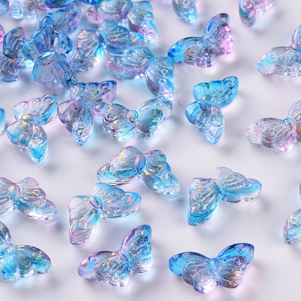 

PandaHall Two Tone Transparent Spray Painted Glass Beads, with Glitter Powder, Butterfly, Dodger Blue, 8x15x4.5mm, Hole: 1mm Glass Butterfly