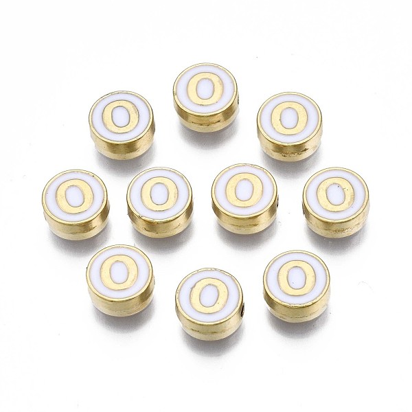 

PandaHall Alloy Enamel Beads, Cadmium Free & Lead Free, Light Gold, Flat Round with Alphabet, White, Letter.O, 8x4mm, Hole: 1.5mm...
