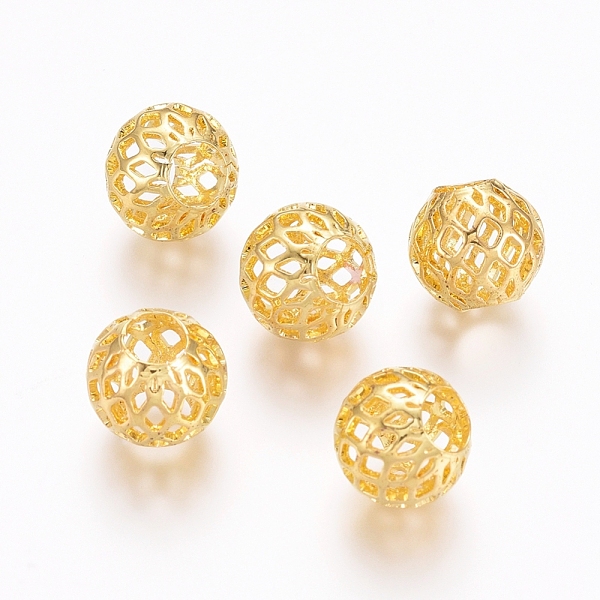 

PandaHall Rack Plating Brass Filigree Beads, Filigree Ball, Hollow, Round, Golden, 9.5x8.5mm, Hole: 4mm Brass Round