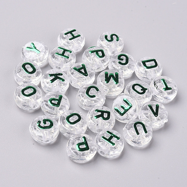 

PandaHall Transparent Clear Acrylic Beads, with Glitter Powder, Horizontal Hole, Flat Round with Random Letters, Green, 10x6mm, Hole: 2mm...