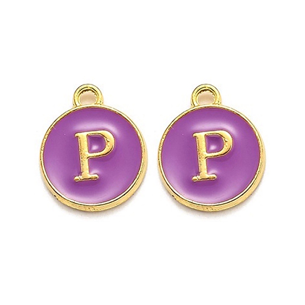 

PandaHall Golden Plated Alloy Enamel Charms, Enamelled Sequins, Flat Round with Alphabet, Letter.P, Purple, 14x12x2mm, Hole: 1.5mm...