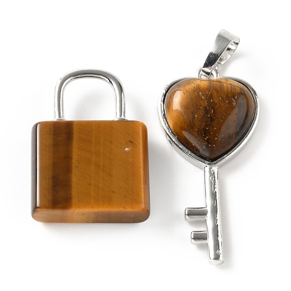 

PandaHall Natural Tiger Eye Pendants, with Platinum Tone Brass Findings, Key & Lock, 27~36.5x17~19.5x6.5~7mm, Hole: 8~9x5~9mm Tiger Eye Key