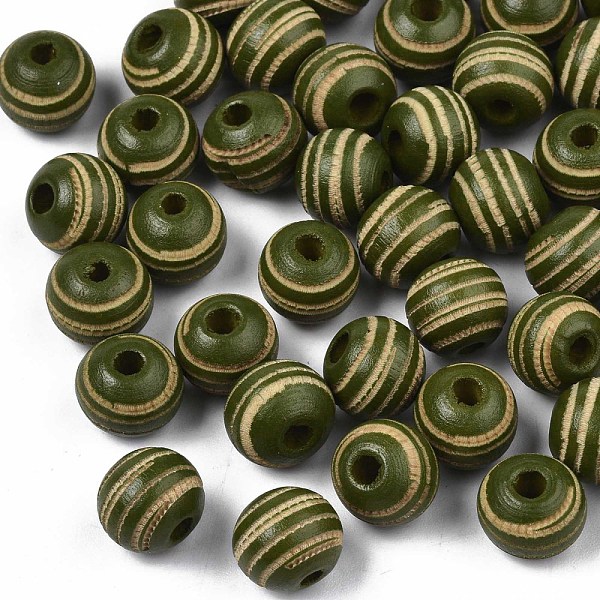 

PandaHall Painted Natural Wood Beads, Laser Engraved Pattern, Round with Zebra-Stripe, Dark Olive Green, 10x8.5mm, Hole: 2.5mm Schima Wood...