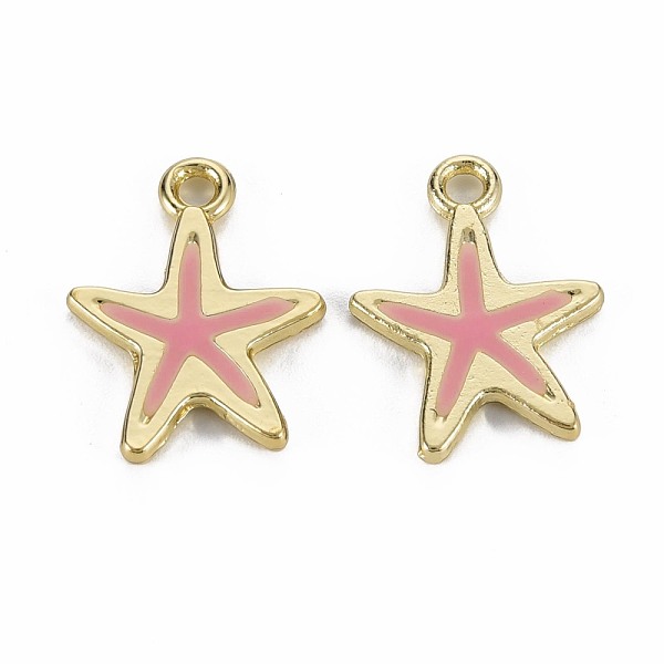 

PandaHall Rack Plating Alloy Pendants, with Enamel, Cadmium Free & Lead Free, Starfish, Light Gold, Flamingo, 17x13x1.5mm, Hole: 1.8mm..., Pink