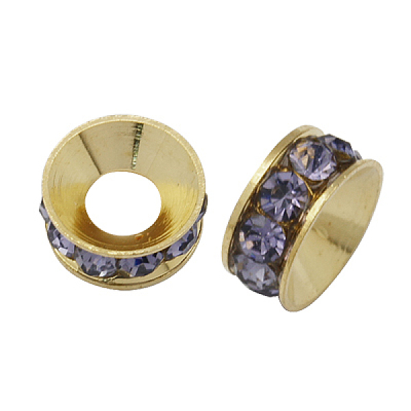 

PandaHall Brass Rhinestone Spacer Beads, Grade A, Rondelle, Light Gold Metal Color, Violet, 9x4mm, Hole: 4mm Brass+Rhinestone Rondelle..., Purple