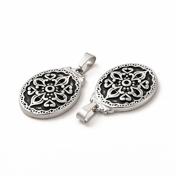 

PandaHall Ion Plating(IP) 304 Stainless Steel Pendants, with 201 Stainless Steel Clasp, Oval with Flower Charms, Antique Silver, 23x16x3mm..., Black