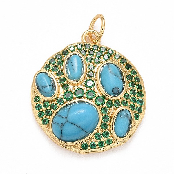 

PandaHall Synthetic Turquoise Pendants, with Rack Plating Brass Micro Pave Green Cubic Zirconia Findings, Long-Lasting Plated, Flat Round...