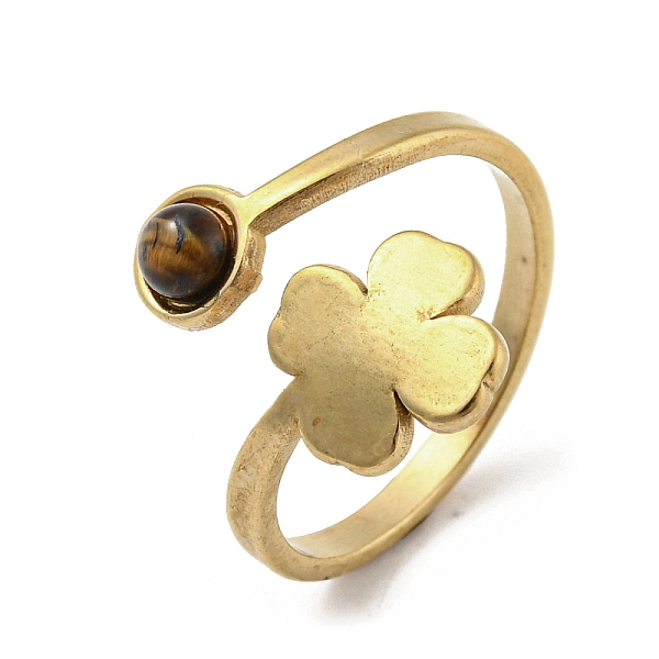 

PandaHall 304 Stainless Steel with Natural Tiger Eye Ring, US Size 7 1/4(17.5mm) Tiger Eye Clover