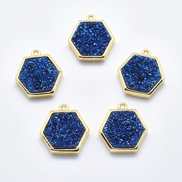 

PandaHall Druzy Resin Charms, with Golden Tone Brass Findings, Hexagon, Blue, 14.5x14x4mm, Hole: 1mm Brass+Resin Hexagon Blue