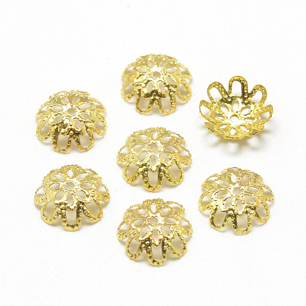 

PandaHall Plated Iron Fancy Bead Caps, Flower, Multi-Petal, Filigree, Golden, 10x3mm, Hole: 1mm Iron