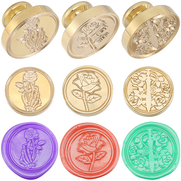

PandaHall CRASPIRE 3Pcs 3 Styles Golden Plated Wax Seal Brass Stamp Head, for Wax Seal Stamp, Rose, 25x14~14.5mm, 1pc/style Brass Flower