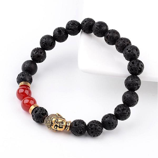

PandaHall Natural Lava Rock Bead Stretch Bracelets, with Natural Gemstone Beads and Alloy 3D Buddha Head Beads, Antique Golden, 55mm Mixed...