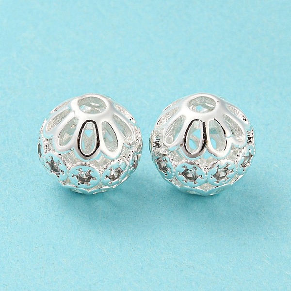 PandaHall Brass Micro Pave Cubic Zirconia Beads, Long-Lasting Plated, Lead Free & Cadmium Free, Hollow Round, Silver, 10x9.5mm, Hole: 2.3mm...