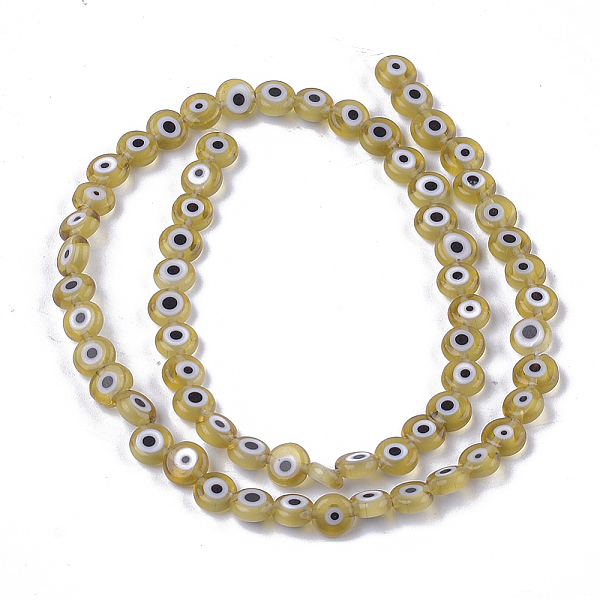 

PandaHall Handmade Evil Eye Lampwork Beads Strands, Flat Round, Dark Khaki, 6x2.5mm, Hole: 1mm, about 64~65pcs/strand, 14.1 inch~14.5 inch..., Yellow
