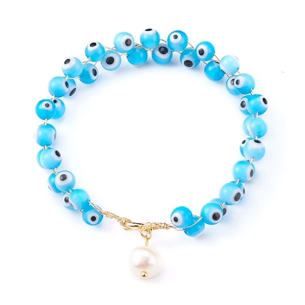 

PandaHall Natural Pearl Charm Bracelets, with Handmade Evil Eye Lampwork Beads and Cardboard Box, Round, Golden, Dodger Blue, 7-1/2 inch...