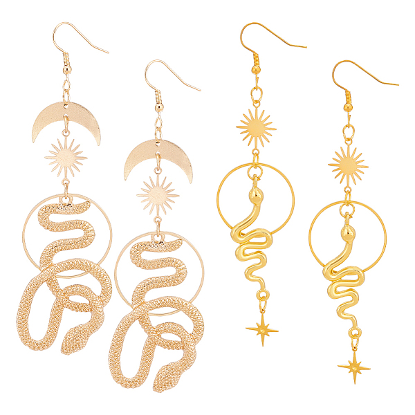 

PandaHall ANATTASOUL 2 Pairs 2 Style Sun & Moon Planet Alloy Dangle Earrings, Snake Long Drop Earrings for Women, Golden, 103~106mm, Pin...
